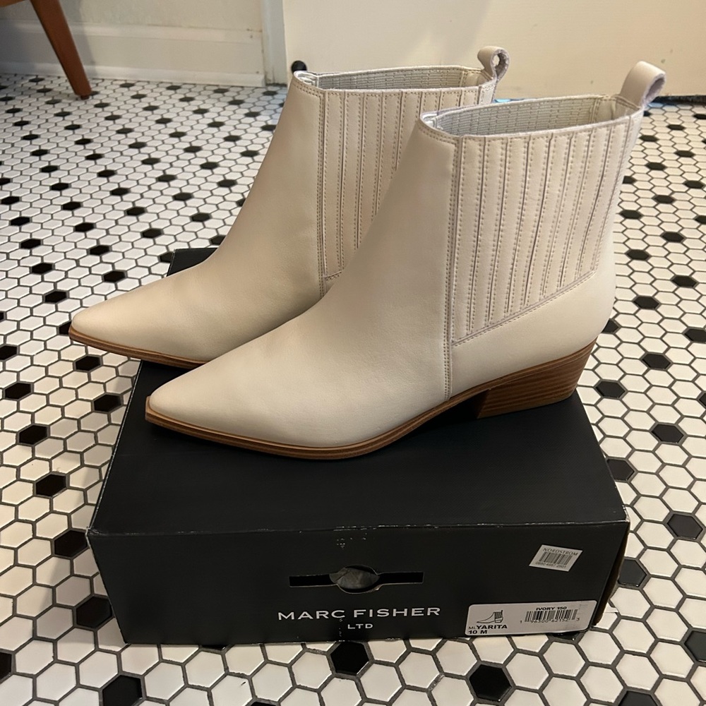 Marc Fisher Yarita Cream Ankle Boots
